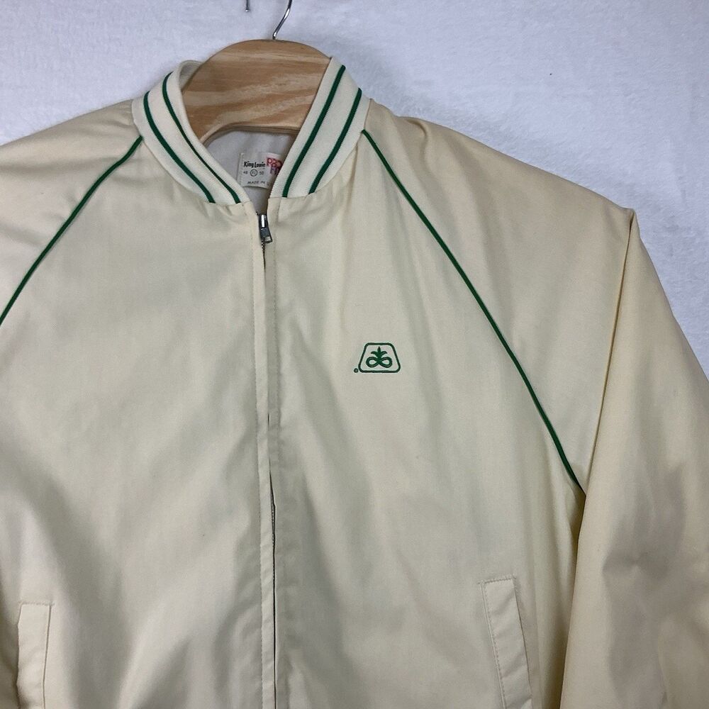 VINTAGE Pioneer Seed Zip Jacket Mens X-Large King Louie Made USA Cream Green 80s